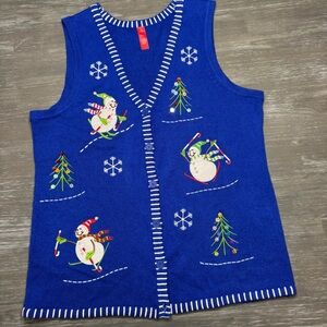 Women's Christmas Blue Sweater Vest Pearl Seqin Accents - Size:1X 16W